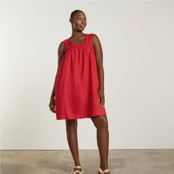NWT Everlane 100% Linen The  Smocked Mini Dress in Goji Berry Red SZ Small - Picture 2 of 9